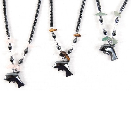 Dozen (12 PC.) Small Dolphin Hematite Necklace With Color Stone Beads #HN-0027