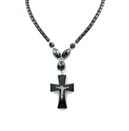 Dozen (12 PC.) Wide Silver Crucifix Cross Hematite Necklaces #HN-0053B