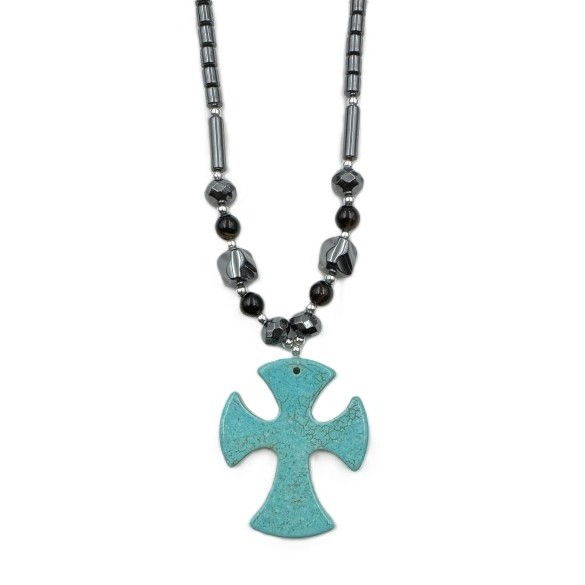 Wide Edges Turquoise Cross Hematite Necklaces (NON-Magnetic) #HN-80732