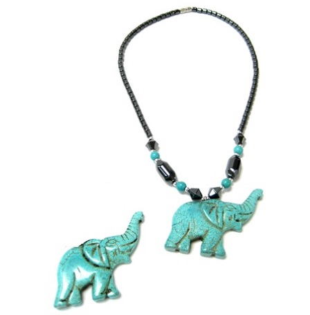 Dozen (12 PC.) Large Turquoise Elephant Hematite Necklace (NON-Magnetic) #HN-81101